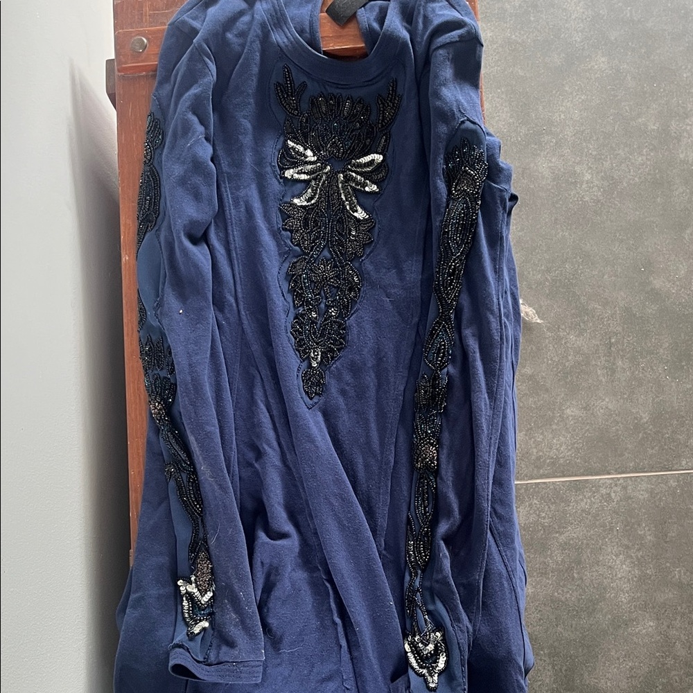 Free People Navy Long Sleeve Beaded Appliqué Mini Sweater Dress